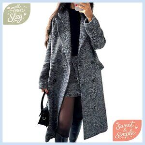 Women's Wool Pea Coat Double Breasted Notch Collar Long Trench Coat